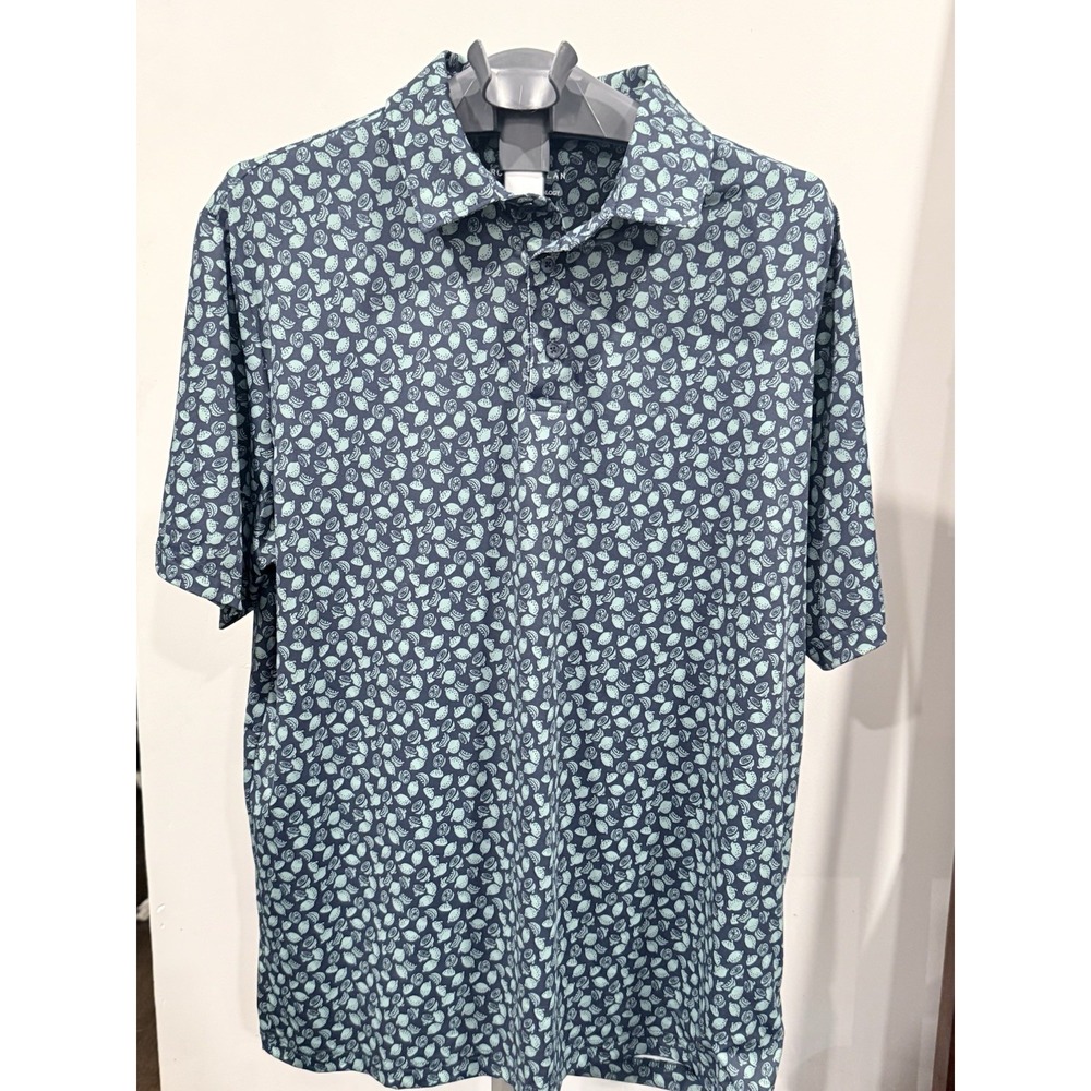 Rorie Whelan Polo Shirt Blue and Green (lemons) Men Sz Lg Cooling technology NWT